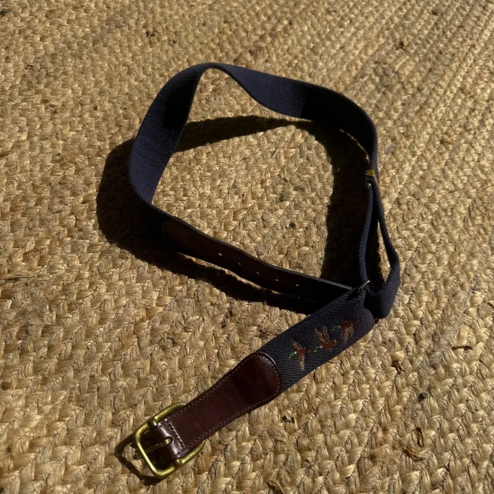 Vintage Mallard Duck Surcingle Belt Navy Canvas Leather Brass Made in USA
